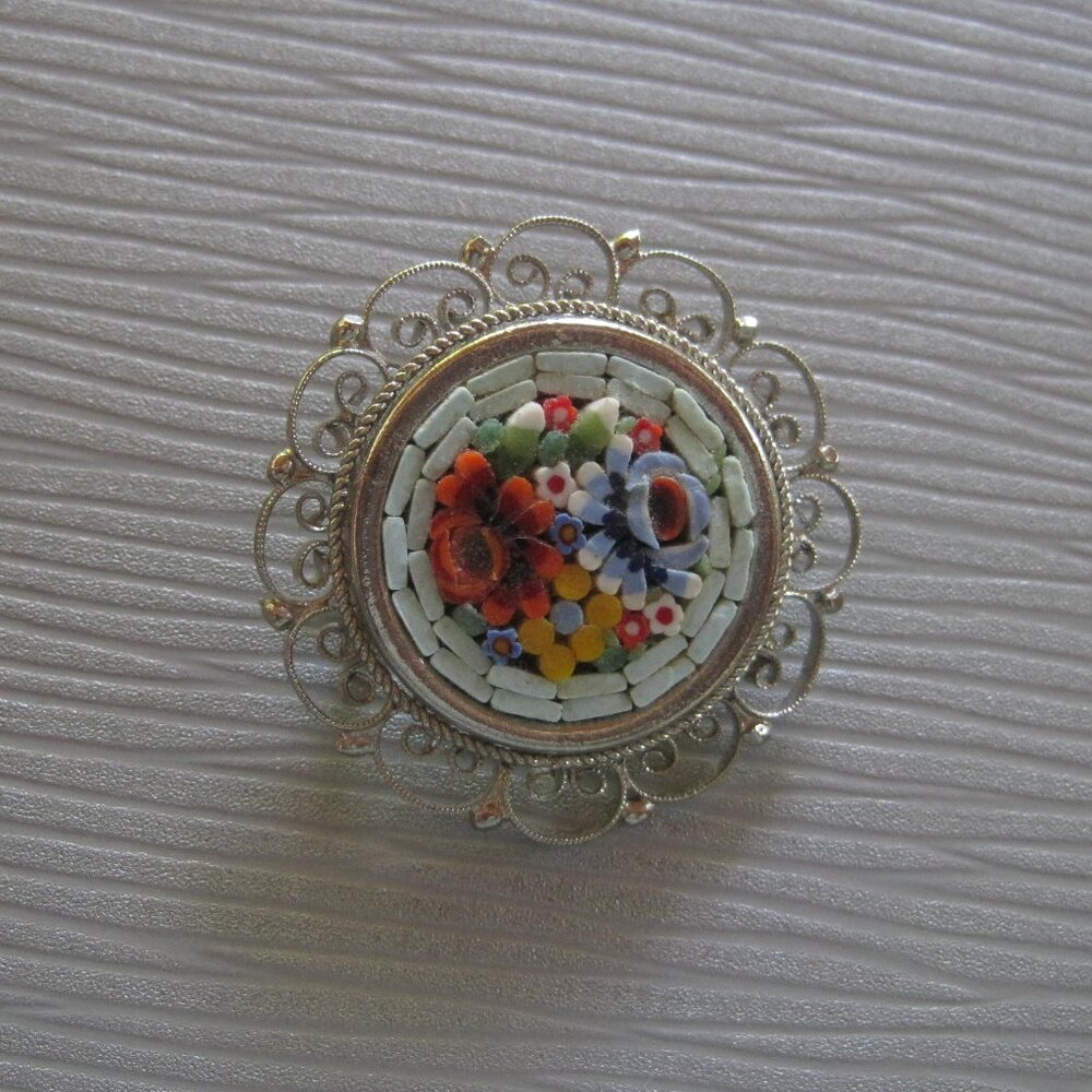 Vintage Italian Micro Mosaic Brooch Pin Floral SilverTone